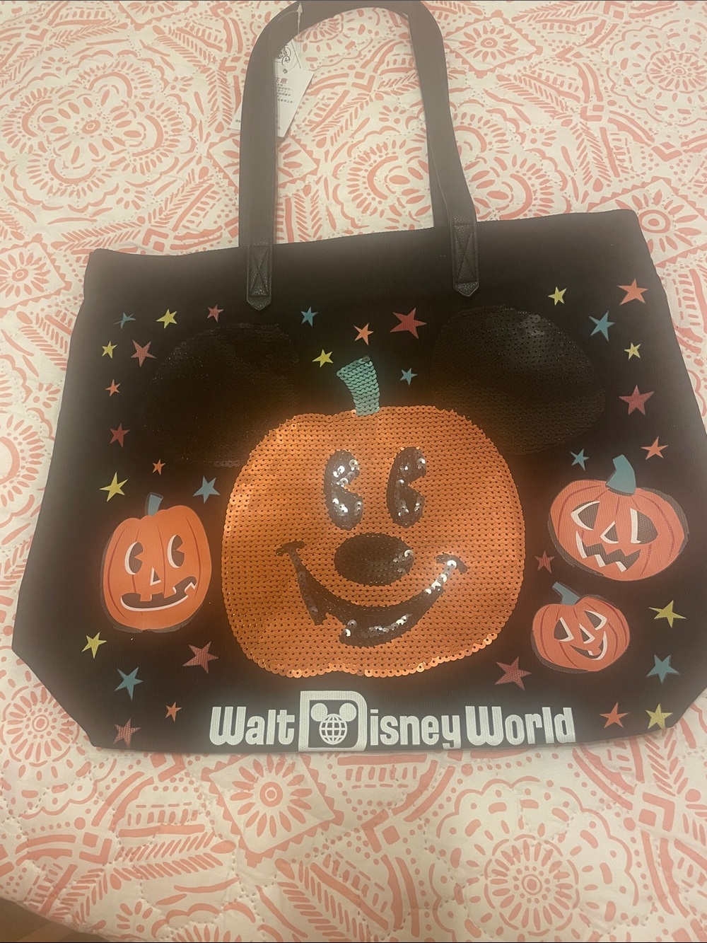 Disney Black Tote with Orange Sequin Pumpkin Mickey and Multicolor Stars